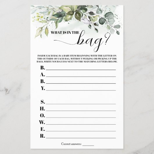 グリーンカーテン 赤ちゃんの袋の中身は? ベビーシャワーゲーム チラシ (正面)