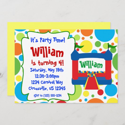 グリーンカーニバルサーカス、バウンスハウス誕生日パーティー 招待状 (正面/裏面)