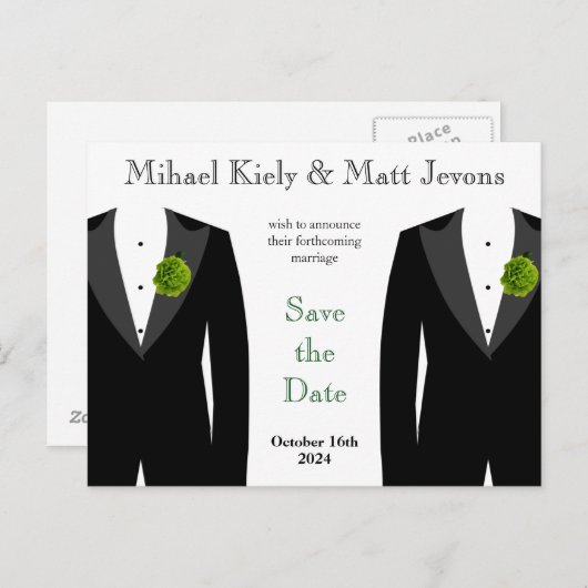グリーンカーネーションゲイウェディング日付はがきを保存 案内ポストカード (正面/裏面)