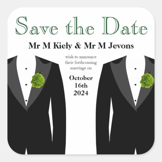 グリーンカーネーション結婚ゲイのステッカー日付を保存 スクエアシール (正面)