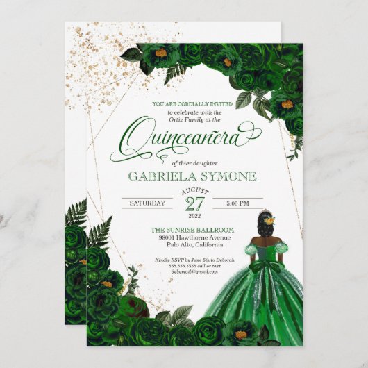 グリーンガウンエレガントバラアフロラティーナキンセアニェラ 招待状 (正面/裏面)