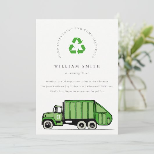 グリーンガベージトラックキッズ任意の年齢誕生日招待状 サンキューカード (スタンド正面)