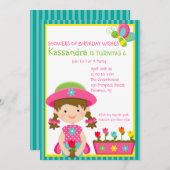 グリーンガーデストライプのニングガール誕生日招待状 招待状 (正面/裏面)