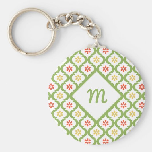 グリーンガーリークローバーかわいいデイジーとモノグラム キーホルダー (正面)