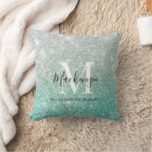 グリーンガーリーシルバーグラデーショングリッターモノグラム名 クッション (ブランケット)
