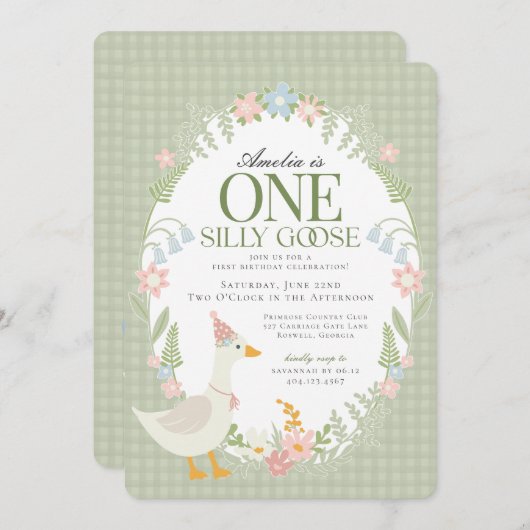グリーンガ間抜けースフローラギンガムファースト誕生日 招待状 (正面/裏面)