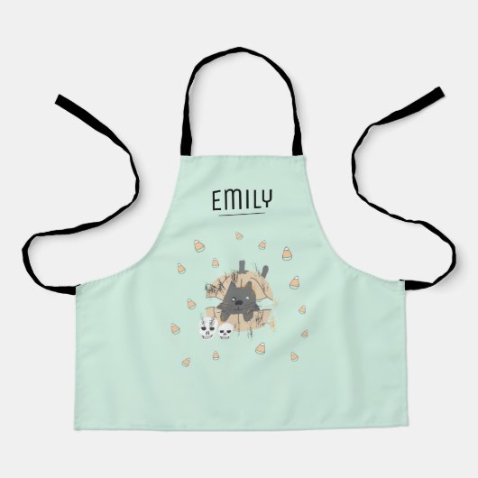 グリーンキャットカボチャスカルキャンディコーンキッズハロウィーン エプロン (正面)