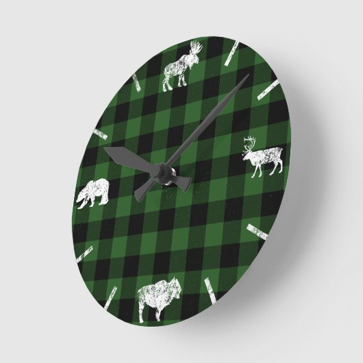 グリーンキャビンバッファロープレイドランバージャックチェック ラウンド壁時計 (傾斜)