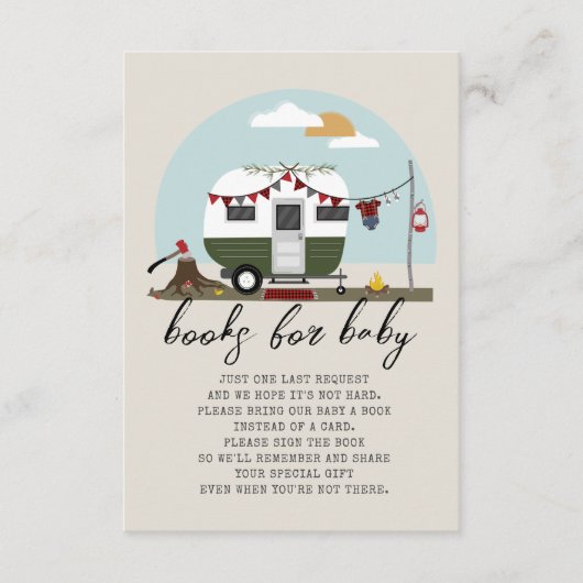 グリーンキャンパーランバージャックベビーシャワーブックリクエスト エンクロージャーカード (正面)