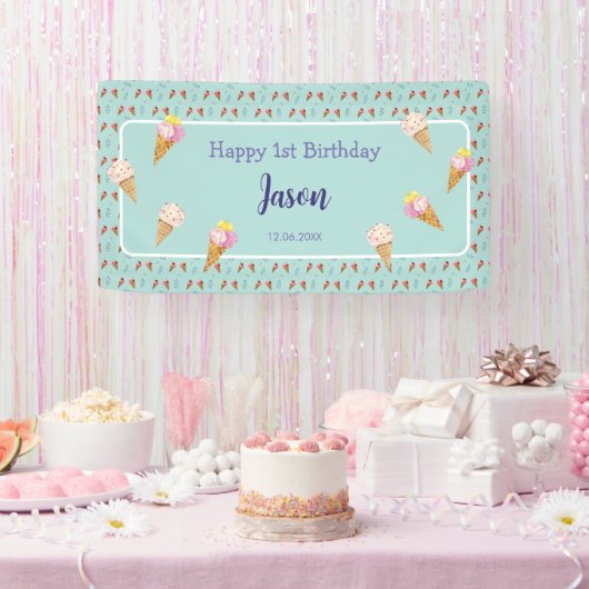 グリーンキュートアイスクリームコーンキッズボーイ誕生日 横断幕 (パーティー)