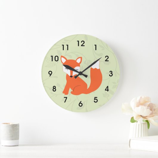 グリーンキュートウッドランドベビーキツネ ラージ壁時計 (ホーム)