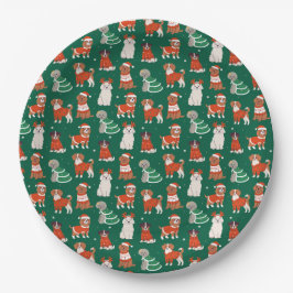 グリーンキュートクリスマスドッグズホリデーパピーパターン ペーパープレート