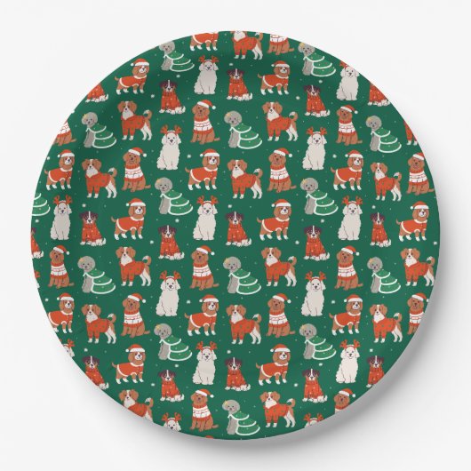 グリーンキュートクリスマスドッグズホリデーパピーパターン ペーパープレート (正面)