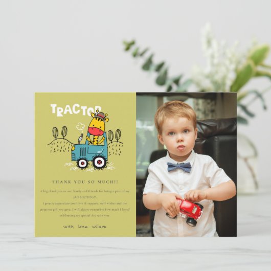 グリーンキリンInファームトラクターボーイズ写真誕生日 サンキューカード (スタンド正面)