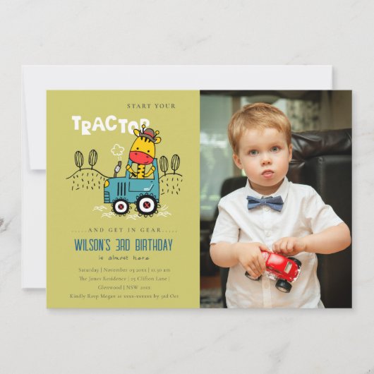 グリーンキリンInファームトラクターボーイズ写真誕生日 招待状 (正面)