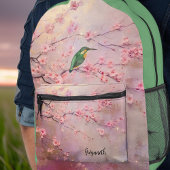 グリーンキングフィッシャーオンピンクさくらんぼ花ズモノグラム プリントバックパック