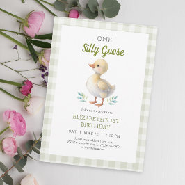 グリーンギンガムの赤ちゃん1歳の誕生日おめでとう One Silly Goose 招待状