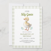 グリーンギンガムの赤ちゃん1歳の誕生日おめでとう One Silly Goose 招待状 (正面)