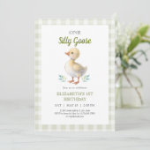 グリーンギンガムの赤ちゃん1歳の誕生日おめでとう One Silly Goose 招待状 (スタンド正面)