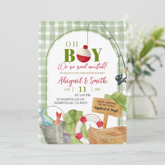 グリーンギンガムオーボーイ魚釣りベビーシャワー 招待状 (スタンド正面)