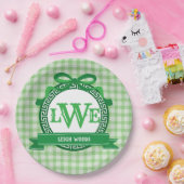 グリーンギンガムギリシャ鍵ボウフルモノグラム ペーパープレート (パーティー)