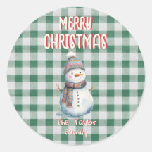 グリーンギンガムクリスマス封筒ステッカー | 雪だるま