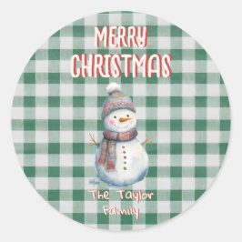 グリーンギンガムクリスマス封筒ステッカー | 雪だるま ラウンドシール