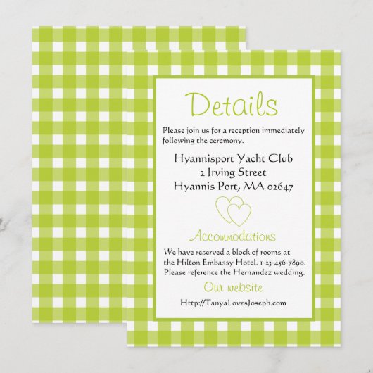 グリーンギンガムチェックのラスティックウェディングパーティ詳細 招待状 (正面/裏面)