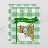 グリーンギンガムチェック国クリスマスフォトホリド シーズンカード (正面/裏面)