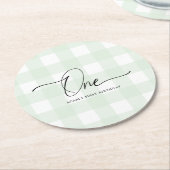 グリーンギンガムファースト誕生日ドリンクコースター ラウンドペーパーコースター (アングル)