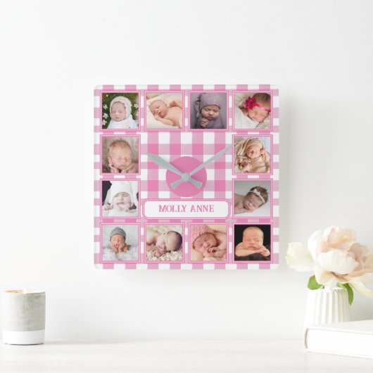 グリーンギンガムファームハウスカントリー12枚写真コラージュ スクエア壁時計 (ホーム)