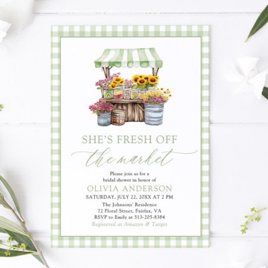 グリーンギンガムフレッシュオフザマーケットブライダルシャワー 招待状