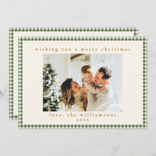 グリーンギンガムプレイドカスタムの写真クリスマスクリスマスフォト シーズンカード (正面/裏面)