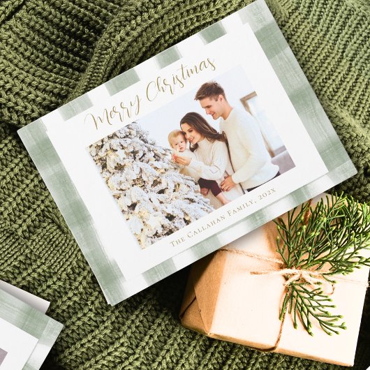 グリーンギンガムプレイド水彩写真クリスマス シーズンカード