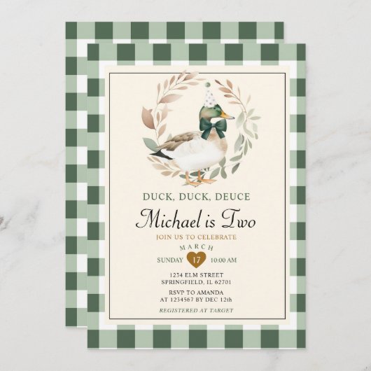 グリーンギンガムボーダックダックデュース2回目の誕生日 招待状 (正面/裏面)