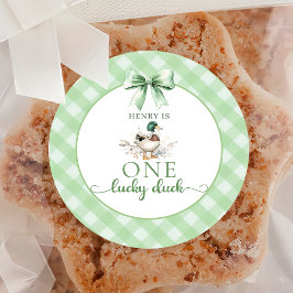 グリーンギンガムワンラッキーアヒル1st誕生日ステッカー ラウンドシール