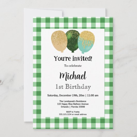 グリーンギンガム、パーティーバルーン1st誕生日 招待状 (正面)