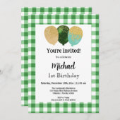 グリーンギンガム、パーティーバルーン1st誕生日 招待状 (正面/裏面)