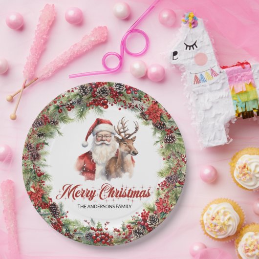 グリーンクラシックとレッドリースサンタとトナカイ ペーパープレート (パーティー)