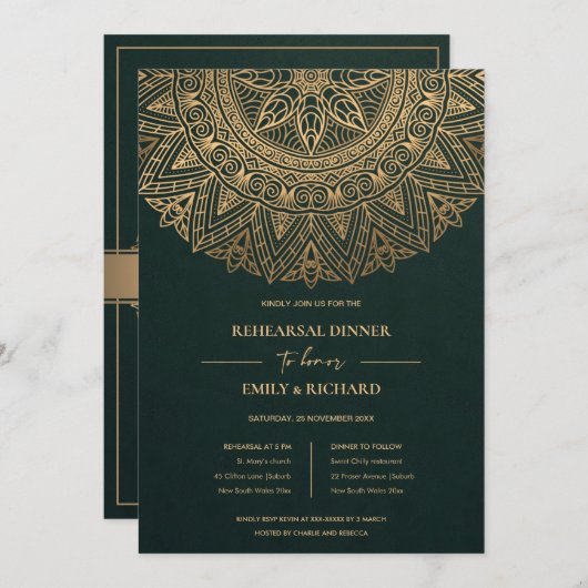 グリーンクラシック金ゴールド華美マンダラリハーサルディナー 招待状 (正面/裏面)