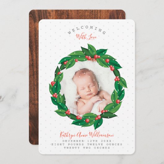 グリーンクランベリー葉リース誕生のお知らせ 案内状 (正面/裏面)