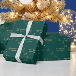 グリーンクリスマスとゴールデンクリスマスのバイリンガルFeliz Navidad ラッピングペーパー