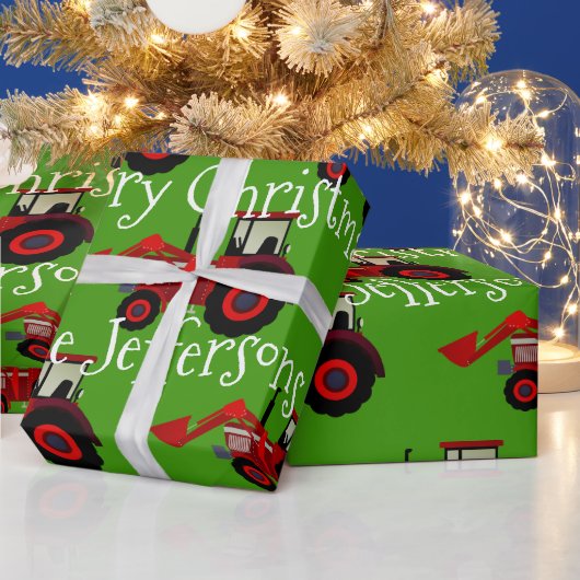 グリーンクリスマスにレッドファームトラクター ラッピングペーパー (クリスマス)