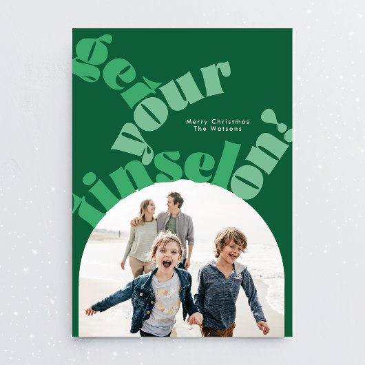 グリーンクリスマスはっきりしたタイポグラフィオーバルアーチ写真 シーズンカード