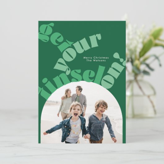 グリーンクリスマスはっきりしたタイポグラフィオーバルアーチ写真 シーズンカード (スタンド正面)