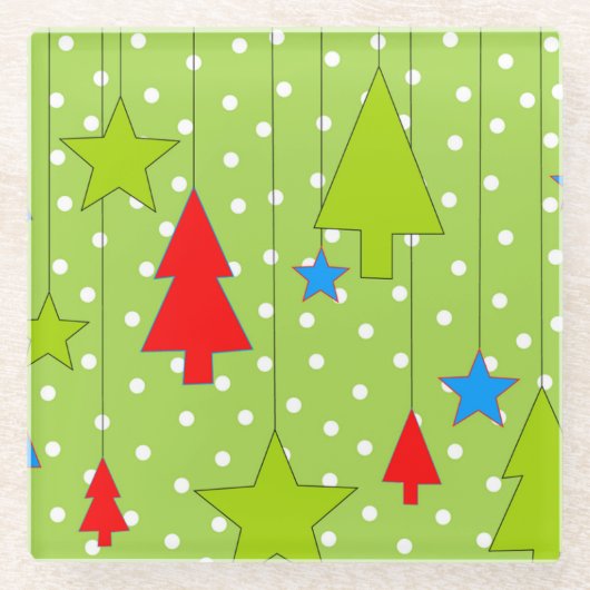 グリーンクリスマスイラストレーション ガラスコースター (正面)