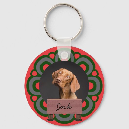 グリーンクリスマスカスタムの休日の犬の写真 キーホルダー (正面)