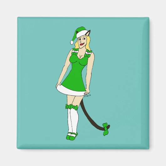 グリーンクリスマスキャットガール マグネット (正面)