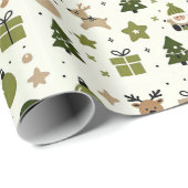 グリーンクリスマスキュートなサンタ・ギフトトナカイ ラッピングペーパー (ロールコーナー)