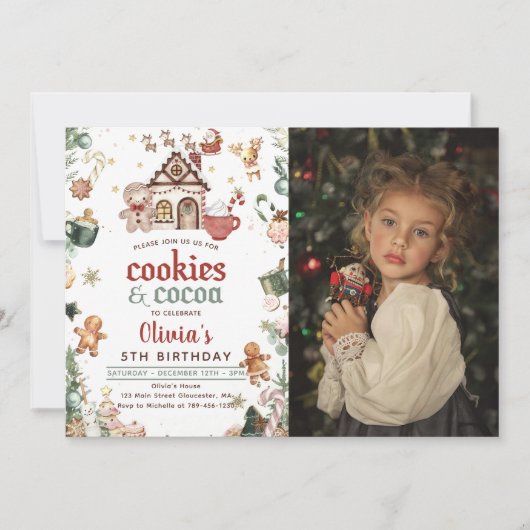 グリーンクリスマスクッキーとココア誕生日写真 招待状 (正面)